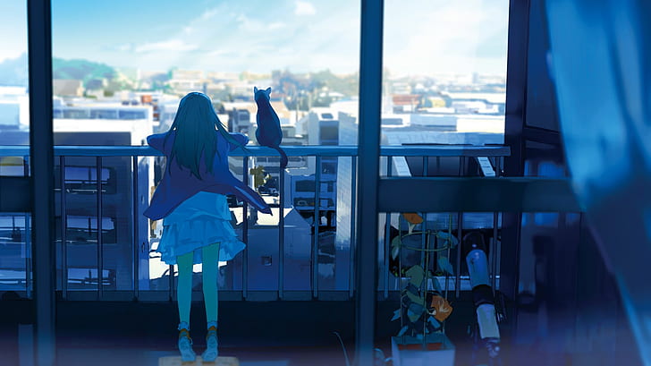 anime, anime girls, window, cityscape, cat, HD wallpaper