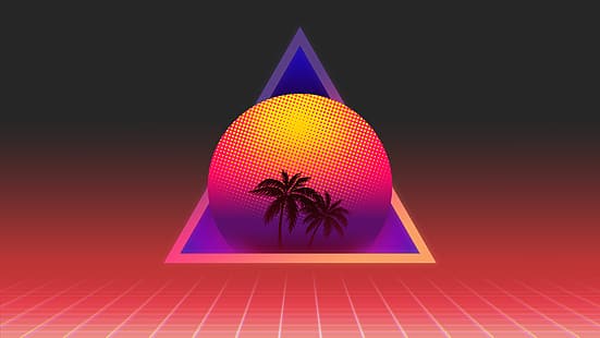  synthwave, OutRun, vaporwave, Retrowave, sunset, palm trees, digital art, HD wallpaper HD wallpaper