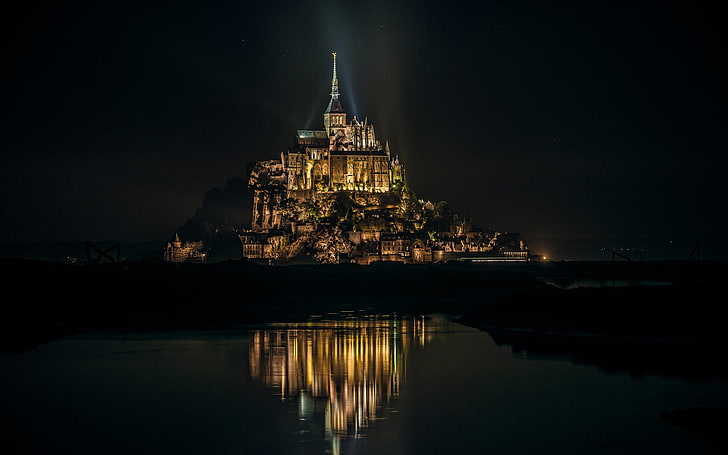 Мон Сен Мишел, остров, нощ, Франция, градски светлини, абатство, HD тапет