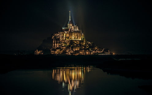 Mont Saint-Michel, île, nuit, France, lumières de la ville, abbaye, Fond d'écran HD HD wallpaper
