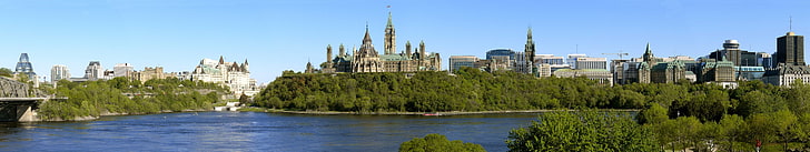 зеленые лиственные деревья, Канада, Северная Америка, город, собор, река, вода, небо, деревья, Оттава, панорама, природа, пейзаж, Онтарио, HD обои