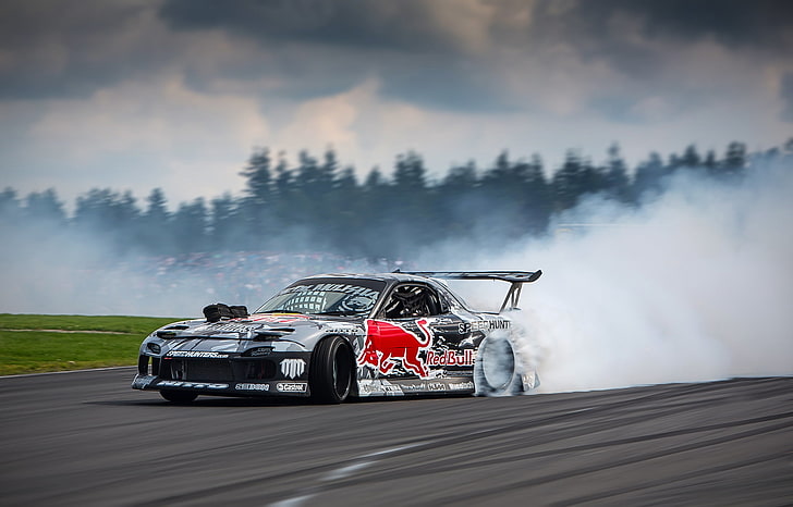 black and red coupe, road, race, smoke, skid, drift, Mazda, track, Red Bull, drifting, Rx7, sprot, HD wallpaper