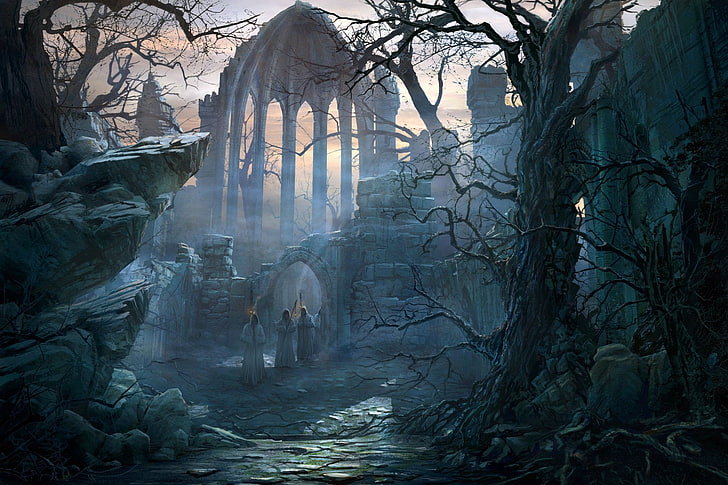 Dunkel, Gotik, Bogen, Künstlerisch, Gebäude, Fantasie, Wald, Mann, Ruine, Stein, HD-Hintergrundbild