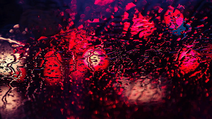 rain, glass, drops, droplets, red, bokeh light, raindrops, HD wallpaper