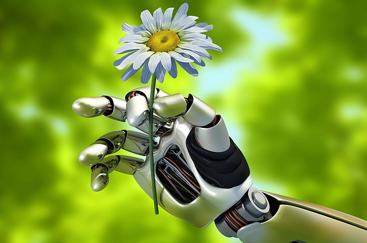 Daisy flower, summer, macro, nature, mechanism, robot, hand, blur, Android, gesture, keeps, hi-tech, bokeh, wallpaper., technology, green background, beautiful background, Daisy, HD wallpaper