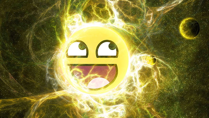 smiley emoji, awesome face, space, planet, streaks, HD wallpaper