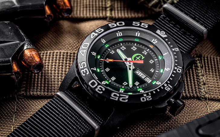 arloji analog bulat hitam dan hijau dengan pita hitam, jam tangan, dial, kartrid, Wallpaper HD