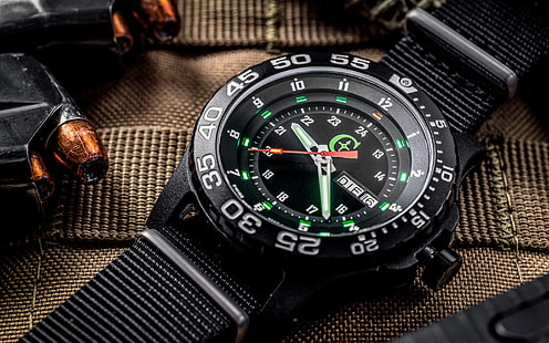 relógio analógico redondo preto e verde com pulseira preta, relógios, mostrador, cartuchos, HD papel de parede HD wallpaper