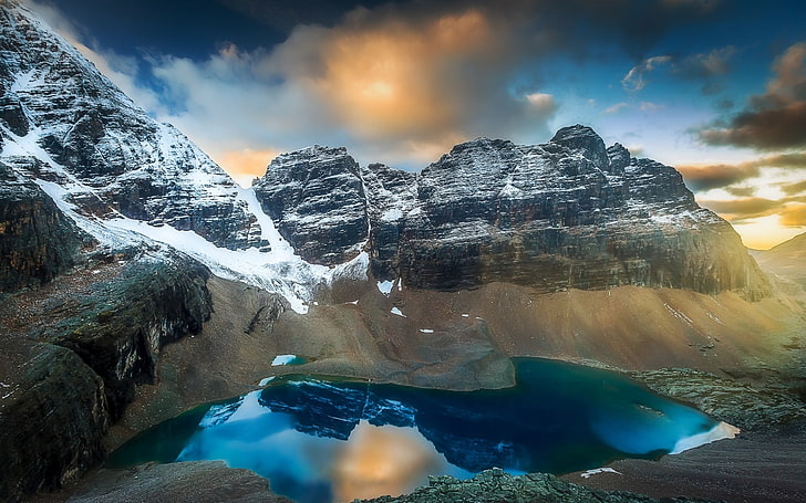 nature, paysage, lac, montagnes, parc national Yoho, pic enneigé, nuages, eau, bleu, Canada, Fond d'écran HD
