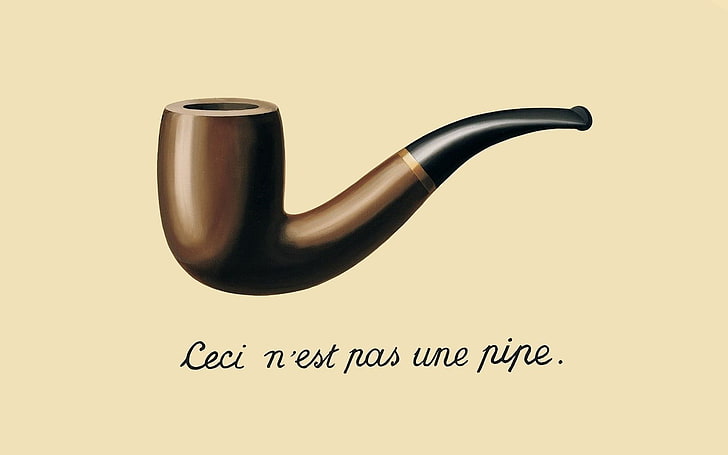 illustrazione di tubo di tabacco marrone, tubi, René Magritte, pittura, surreale, minimalismo, sfondo semplice, tipografia, Sfondo HD