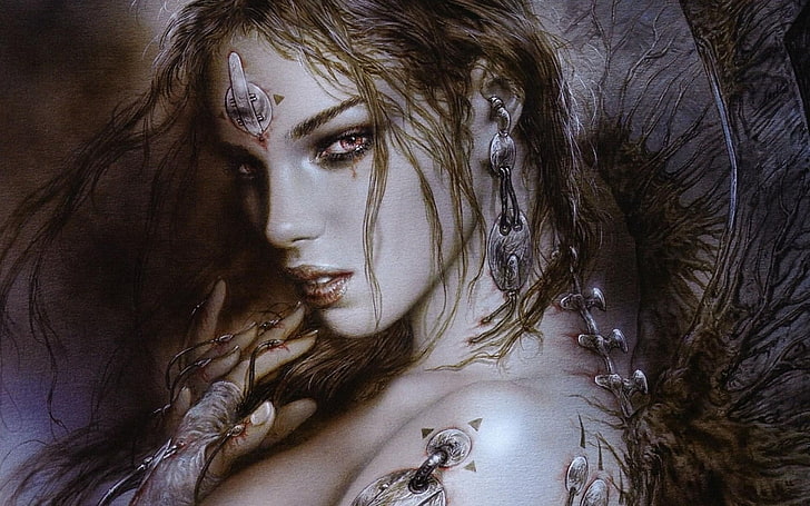woman with body piercing wallpaper, Luis Royo, fantasy art, HD wallpaper