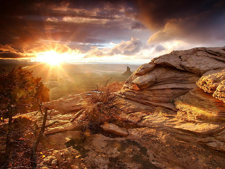 المناظر الطبيعية ، السماء ، حديقة كانيونلاندز الوطنية ، غروب الشمس ، الصخور ، سكاي سكيب، خلفية HD