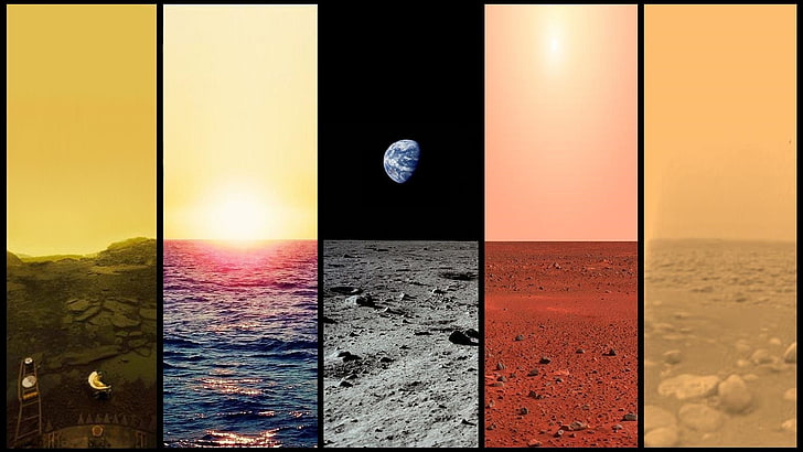 pianeta superfici collage, pianeta, Luna, collage, arte digitale, Sfondo HD