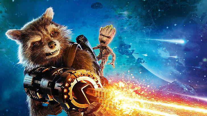 Guardianes de la galaxia vol.2, Baby Groot, cohete, pistola, mejores películas, Fondo de pantalla HD