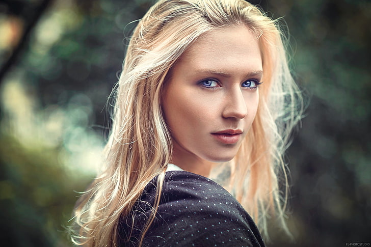 blonde, depth of field, women, blue eyes, face, Eva Mikulski, Lods Franck, HD wallpaper