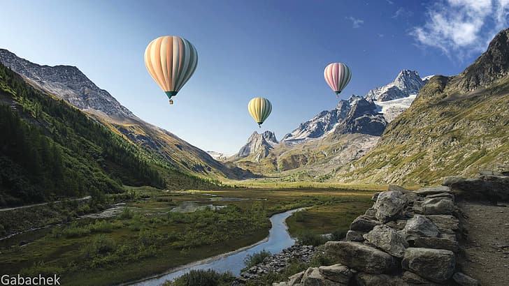 Gabachek, hot air balloons, mountains, gorge, landscape, sky, clouds, stars, river, stones, nature, forest, photo manipulation, HDR, CGI, watermarked, sun rays, snow, HD wallpaper
