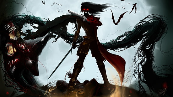 иллюстрация персонажа видеоигры, Хеллсинг, Алукард, вампиры, аниме, HD обои HD wallpaper