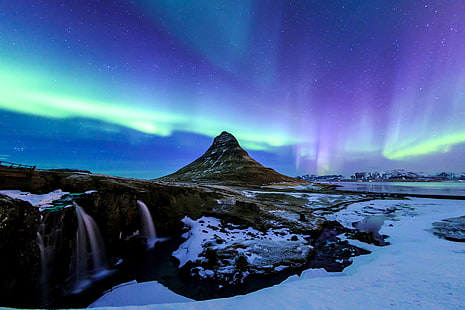 aurora fenomen ClipArt, vinter, himlen, stjärnor, snö, natt, sjö, berg, vattenfall, norrsken, Island, Kirkjufell, HD tapet HD wallpaper