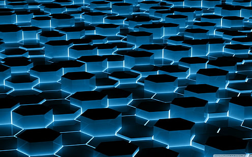 Neon Hexagone, черно-синий 3d восьмиугольник графика, черный, шестиугольник, синий, неон, форма, 3d и аннотация, HD обои HD wallpaper