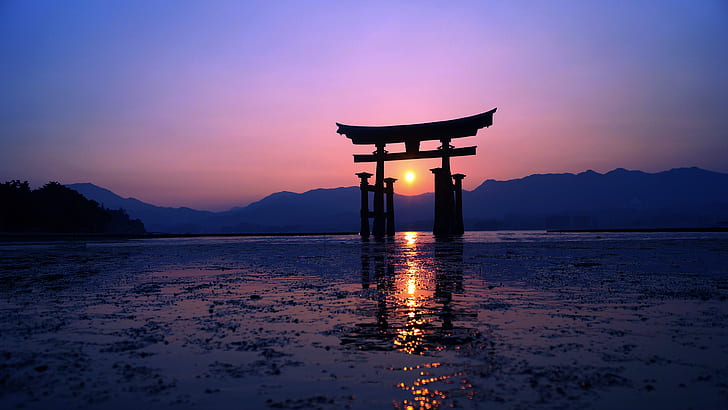 日没、太陽、夕方、紫、鳥居、日光、山、写真、日本、水、反射、 HDデスクトップの壁紙