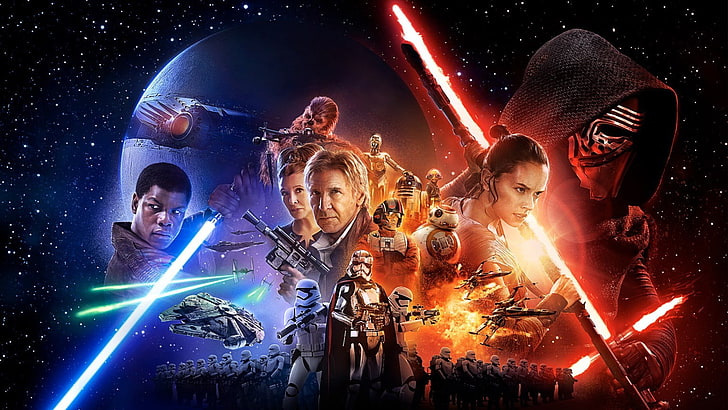 BB 8, Captain Phasma, chewbacca, Han Solo, Kylo Ren, Lightsaber, Movie Poster, Poe Dameron, r2 d2, Star Wars, Star Wars: Episode VII - The Force Awakens, stormtrooper, HD wallpaper