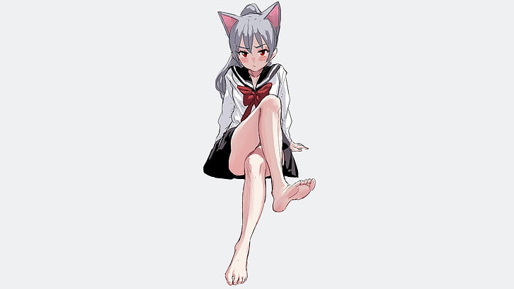 anime, manga, anime girls, simple background, minimalism, nekomimi, cat ears, silver hair, schoolgirl, sailor uniform, feet, HD wallpaper