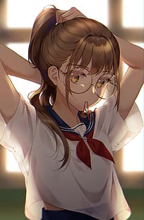 аниме момичета, ученичка, училищна униформа, очила, HD тапет HD wallpaper