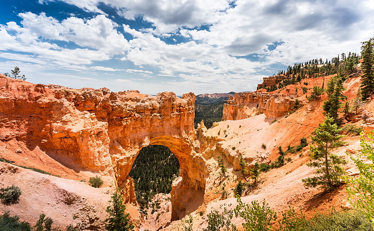 Natural Arch, Bryce Canyon, brown canyon landmark, United States, Utah, Travel, Landscape, Rock, Ruins, Land, Trip, Iron, Architecture, Arch, Bridge, Outdoor, Clouds, Canyon, Sandstone, Destination, visit, touristattraction, bluesky, brycecanyon, hoodoo, tourism, erosion, naturalarch, redstone, oxide, HD wallpaper