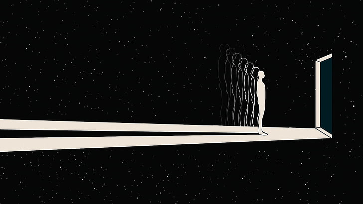 رجل يقف أمام التوضيح ، الفضاء ، النجوم ، الباب المفتوح ، بساطتها، خلفية HD