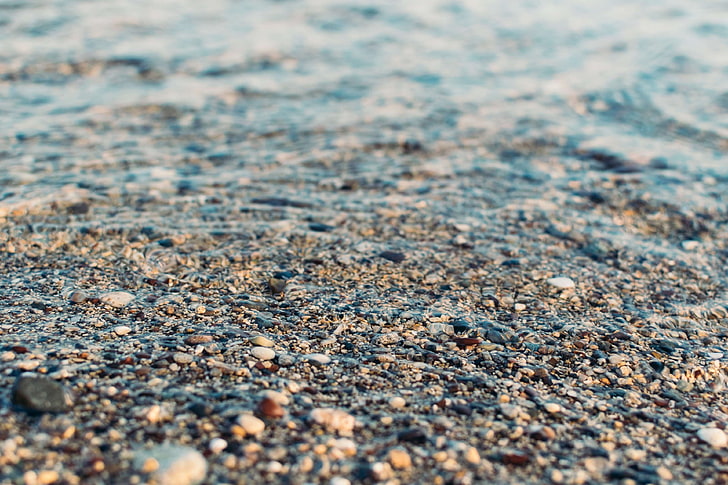 beach, blur, close up, pebbles, rocks, seashore, shore, stones, water, HD wallpaper