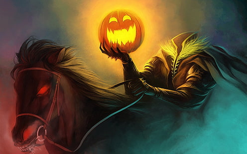 Jack o Lantern illustration, Halloween, horse, pumpkin, artwork, horseman, fantasy art, HD wallpaper HD wallpaper