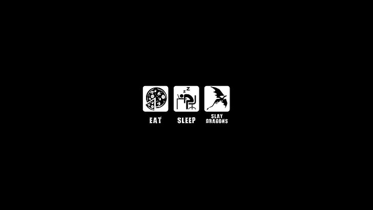 食べる、寝る、ドラゴンズの壁紙を食べる、睡眠のイラスト、ユーモア、ドラゴン、The Elder Scrolls V：Skyrim、ミニマリズム、ビデオゲーム、コンピューター、黒の背景を食べる、 HDデスクトップの壁紙