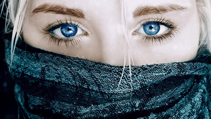 women's teal and black scarf, blue eyes, blonde, scarf, face, mask, closeup, model, reflection, white hair, cyan, HD wallpaper