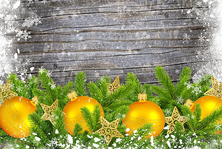 ilustração de quatro bugigangas laranja, flocos de neve, galhos, bolas, estrelas, árvore, decorações de natal, HD papel de parede