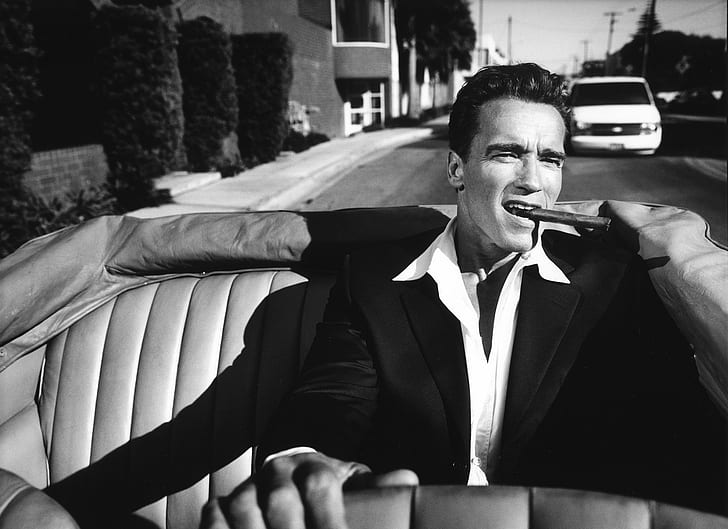 monokrom, cigarrer, män, Arnold Schwarzenegger, kändis, HD tapet