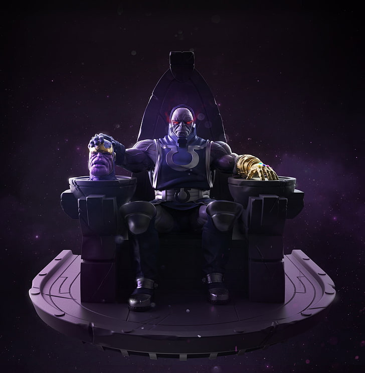 man sitting on chair holding thanos head wallpaper, Darkseid, Thanos, comics, digital art, marvel vs dc, HD wallpaper