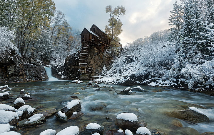 snow, river, mill, Crystal Mill, HD wallpaper