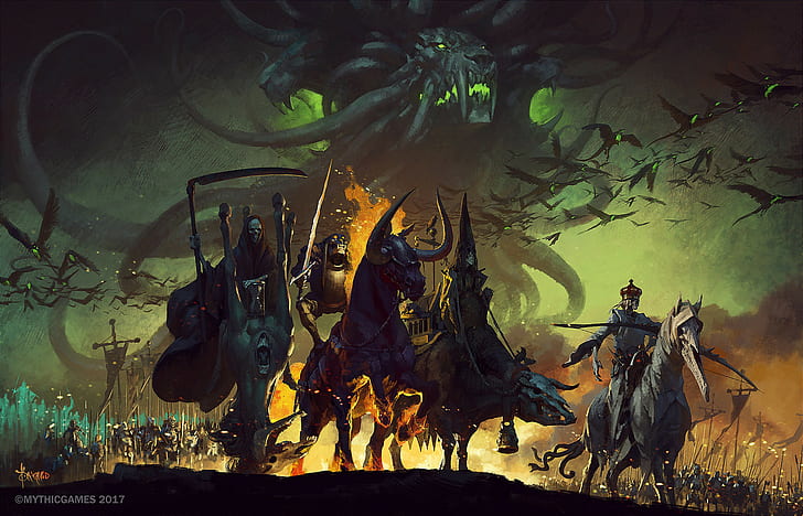 Horsemen of the Apocalypse, Plague, horror, famine, death, drawing, skeleton, birds, Bayard Wu, war, HD wallpaper