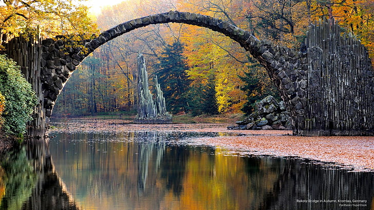 Ponte di Rakotz in autunno, Kromlau, Germania, autunno, Sfondo HD