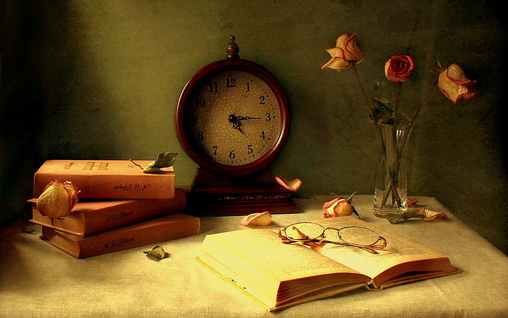 Photography, Still Life, Book, Clock, Glasses, Tulip, Vintage, HD wallpaper