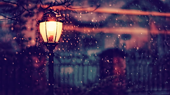 жълта улична лампа, улично осветление, зима, сняг, топло, дълбочина на рязкост, HD тапет HD wallpaper