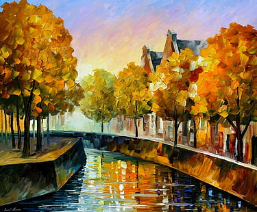 corpo de água entre a pintura da árvore, laranja folheada pintura da árvore, pintura, Leonid Afremov, outono, árvores, canal, HD papel de parede HD wallpaper