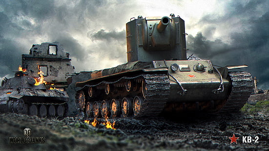 Tapeta cyfrowa World of Tanks, ogień, moc, brud, sztuka, ruiny, czołg, ZSRR, ciężki, radziecki, KV-2, World of Tanks, Tapety HD HD wallpaper
