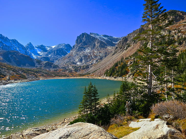 природа, пейзаж, планини, езеро, дървета, снежен връх, Колорадо, HD тапет