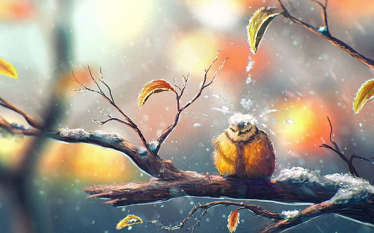 brauner vogel, vögel, grafik, schnee, zweig, meise, HD-Hintergrundbild