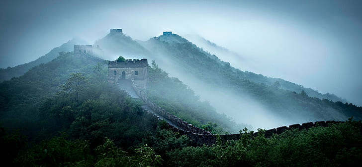 Китай, Великата китайска стена, мъгла, планина, HD тапет