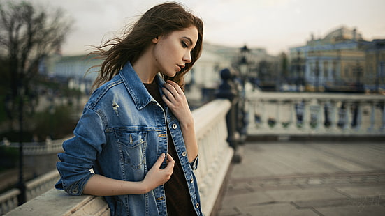 women, Ksenia Kokoreva, Sergey Fat, portrait, depth of field, women outdoors, jeans jacket, model, standing, profile, HD wallpaper HD wallpaper