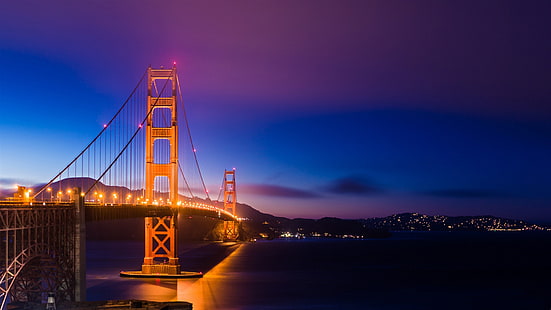Сан Франциско, Калифорния, САЩ, мост Golden Gate, светлини, нощ, Сан, Франциско, Калифорния, САЩ, Golden, Gate, Bridge, Lights, Night, HD тапет HD wallpaper