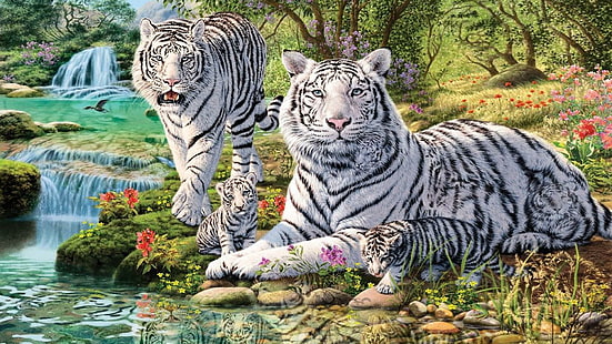 белый тигр, детёныши, джунгли, водопад, арт, тигры, HD обои HD wallpaper