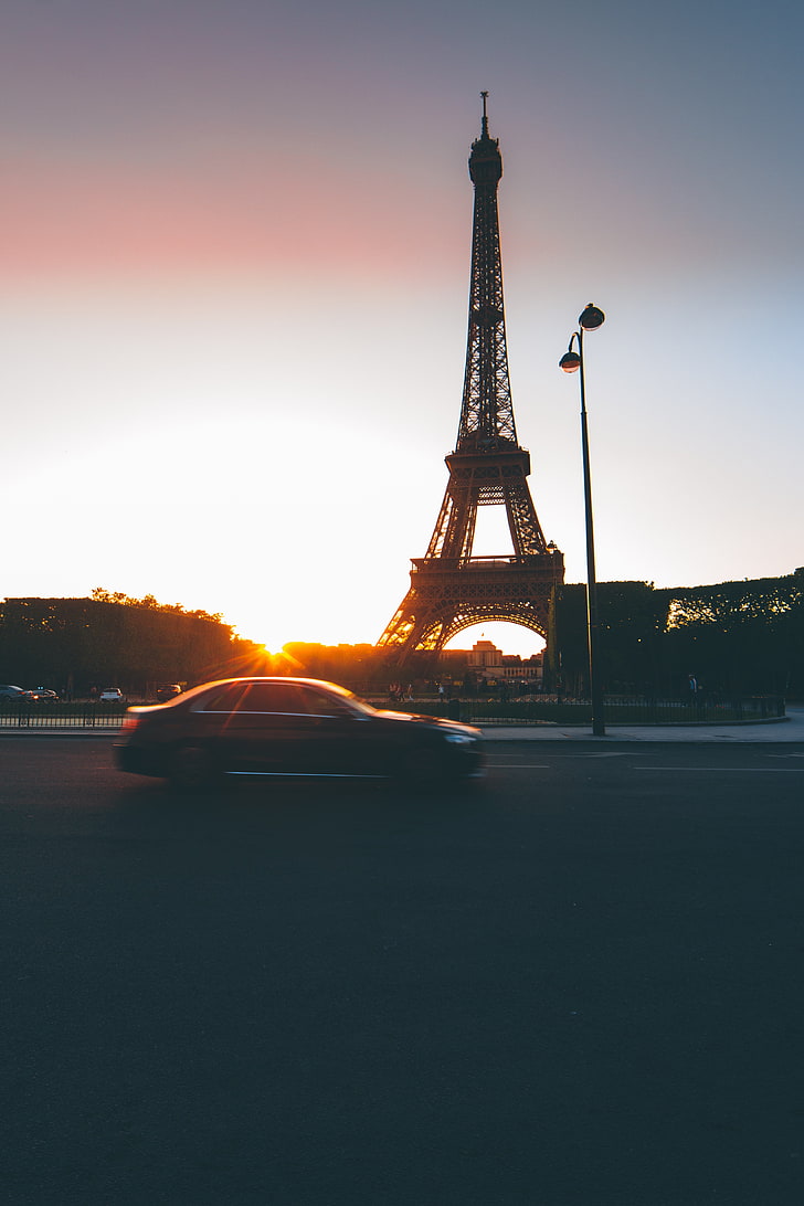 Eiffel Tower, Paris, eiffel tower, paris, france, car, traffic, sunset ...